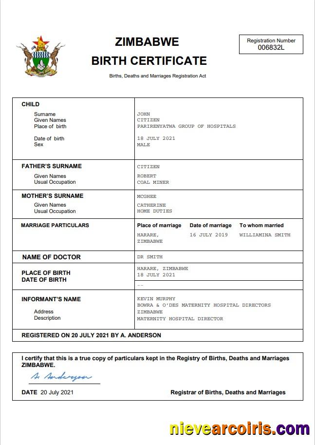 Zimbabwe vital record birth certificate